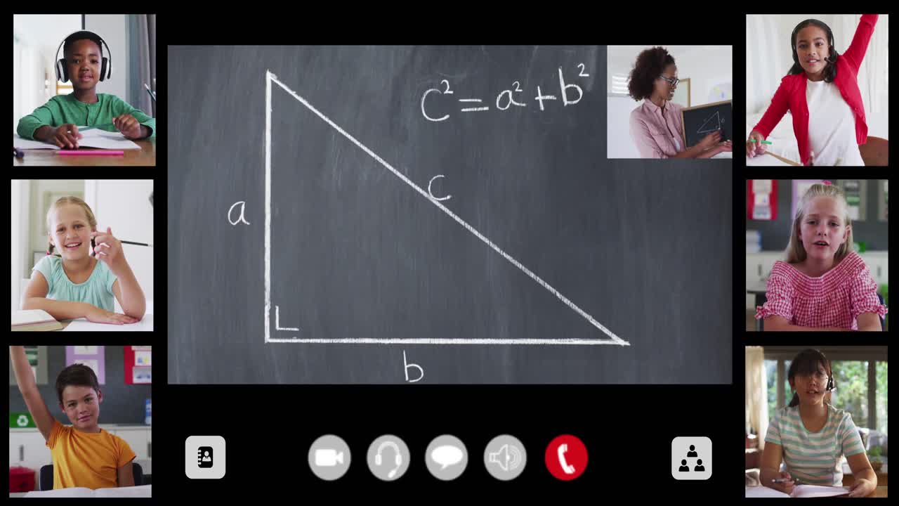 Animation of interface screen with chalkboard, teacher and six diverse children in online lesson