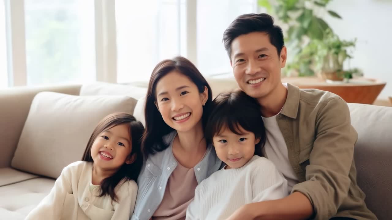 ครอบครัวสุขสันต์สี่คนนั่งอยู่บนโซฟา กำลังยิ้ม พ่อแม่และลูกสองคน ทั้งหมดมีผมสีเข้ม