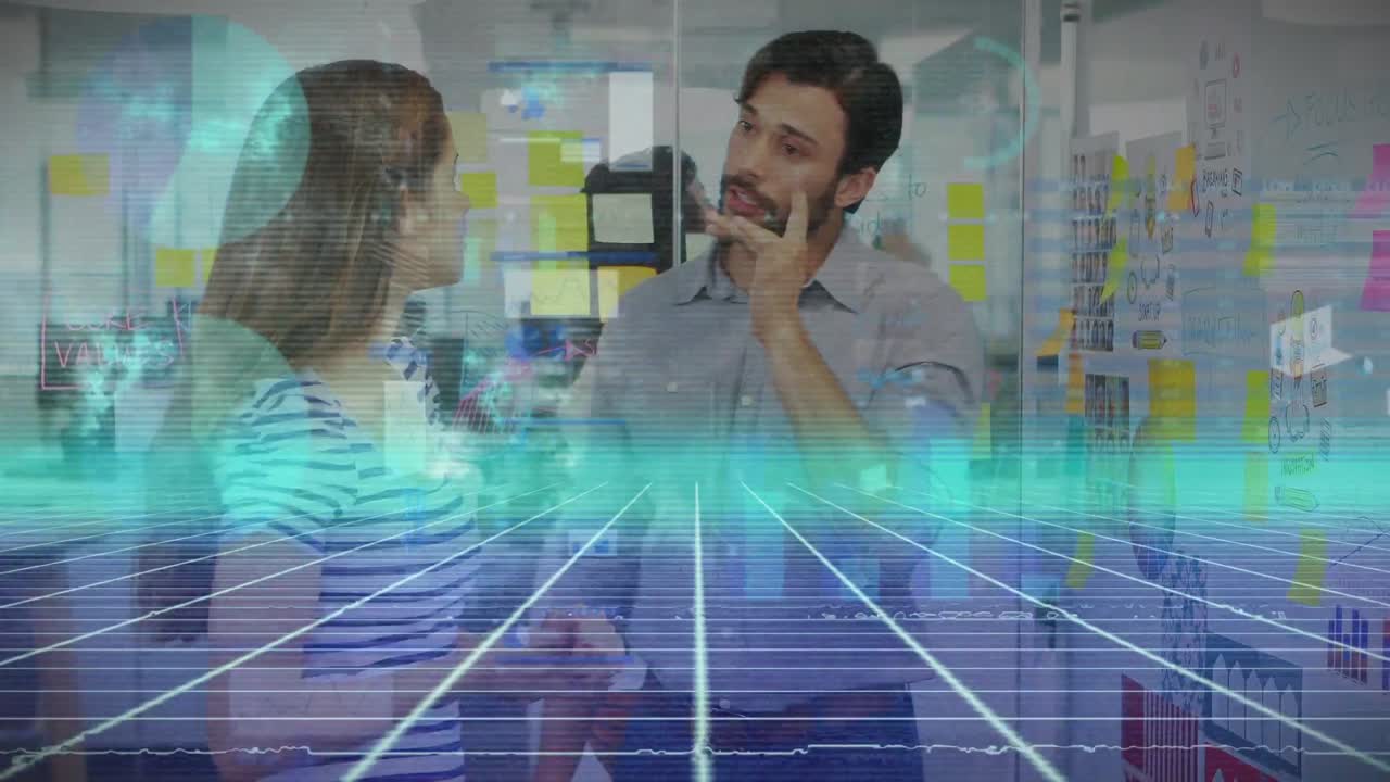 animación del procesamiento de datos financieros y líneas de neón sobre diversas personas de negocios que se reúnen.