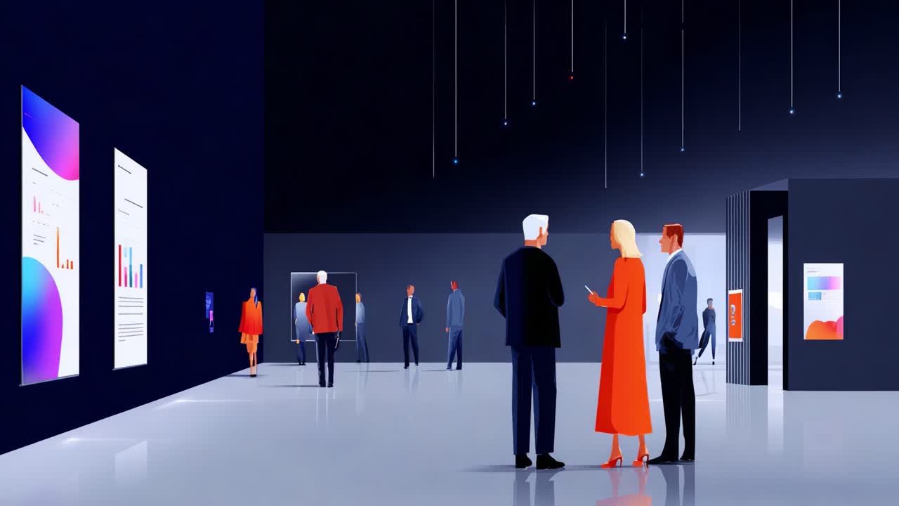 Business professionals engage in conversation within a modern, abstract exhibition space, showcasing colorful infographics and data visualizations on sleek display panels