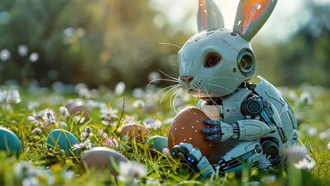 robotic easter bunny with easter egg in a sunny spring meadow