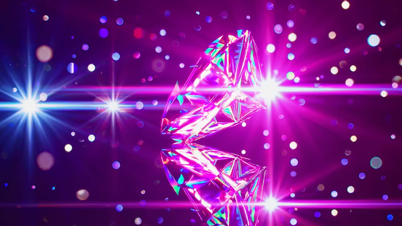 Un video vibrante e ravvicinato di una gemma colorata e sfaccettata che riflette la luce, su uno sfondo scuro.