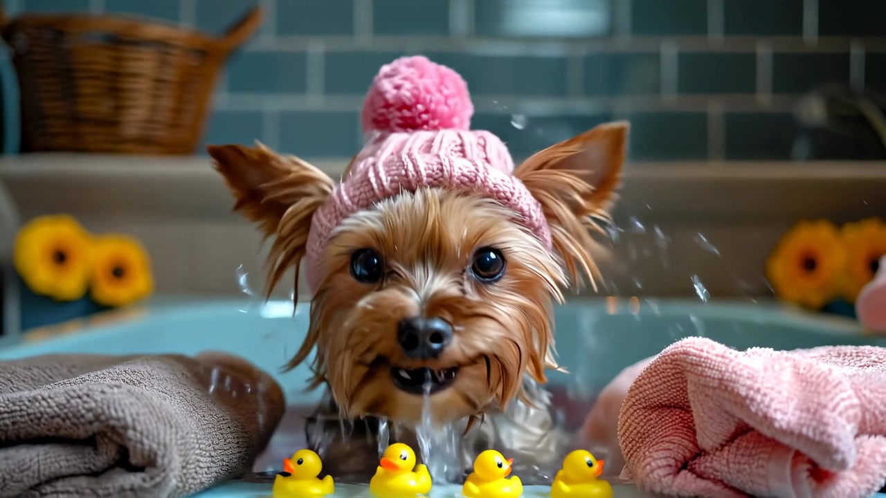 Yorkie fa il bagno con paperelle di gomma. Un cagnolino si gode un bagno indossando un cappello rosa. Paperelle di gomma galleggiano nelle vicinanze e morbidi asciugamani sono posizionati intorno.