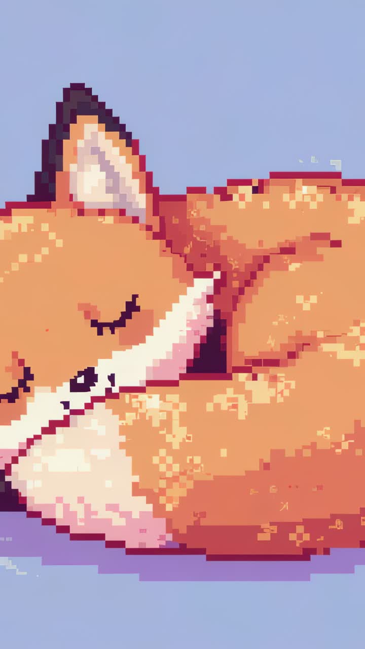 Vídeo vertical: zorro durmiendo y moviéndose en pixel art sobre una esterilla azul lavanda, mostrando su sombra
