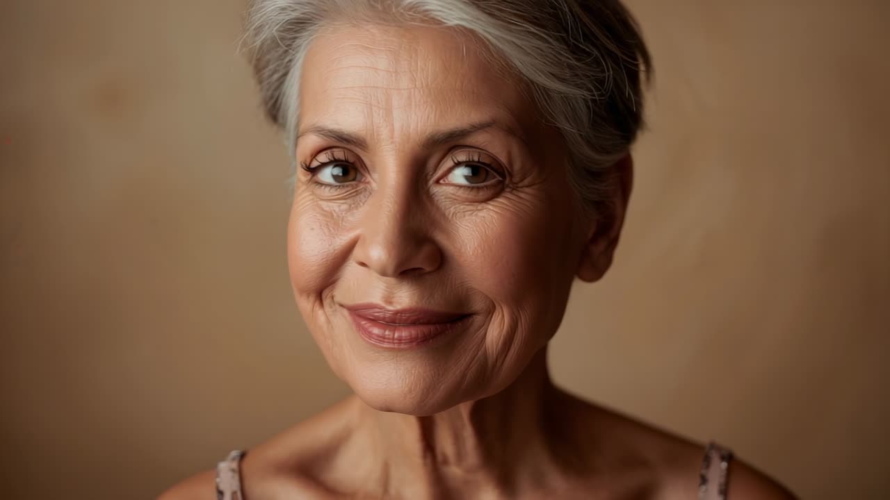 Starting three-quarter pose, senior woman rotating head toward camera in studio, wearing camisole