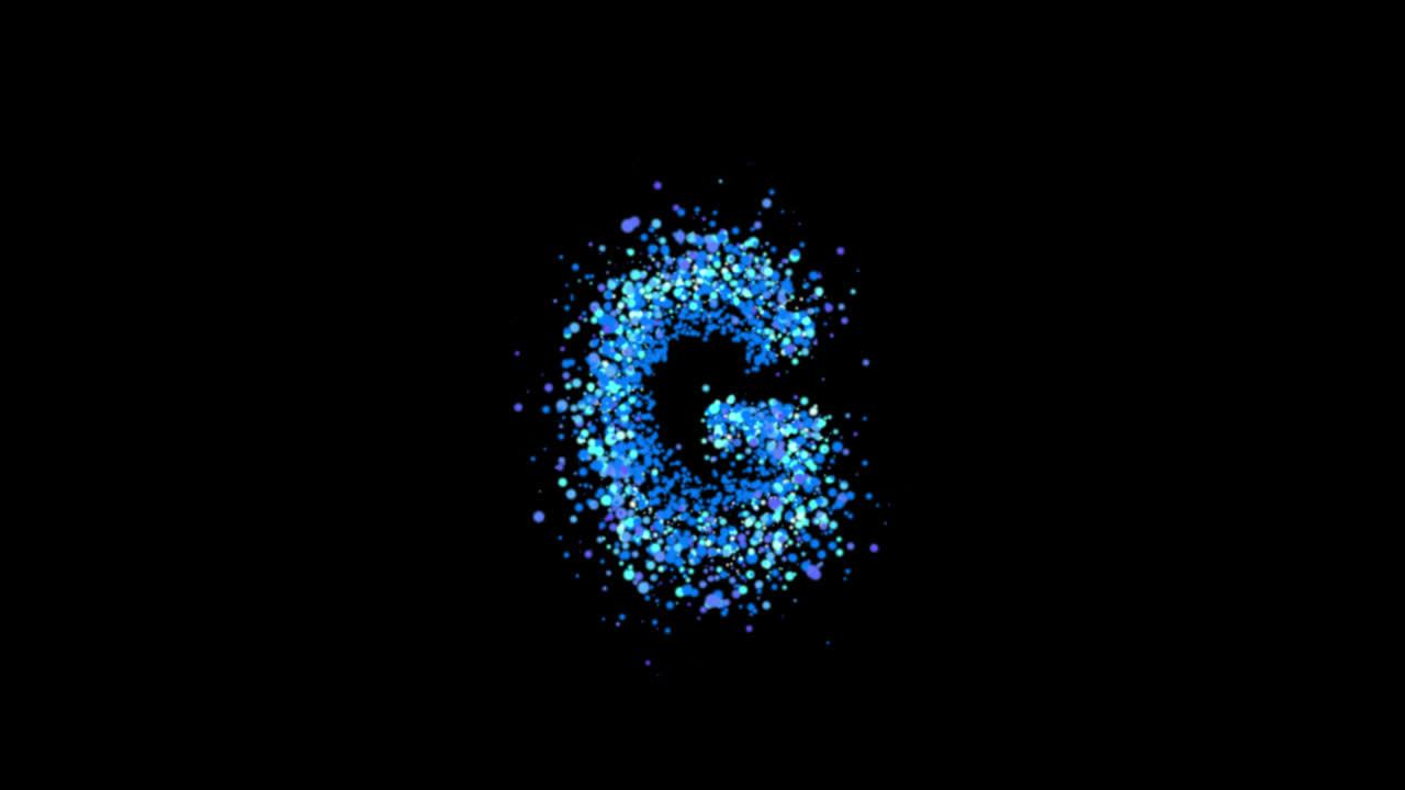 Bolle di particelle blu che formano la lettera G su sfondo trasparente