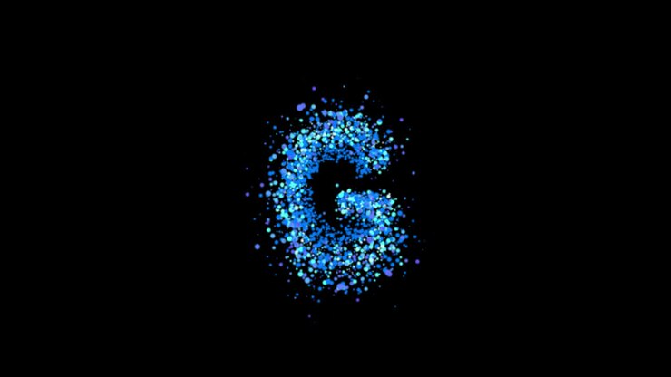 Bolle di particelle blu che formano la lettera G su sfondo trasparente