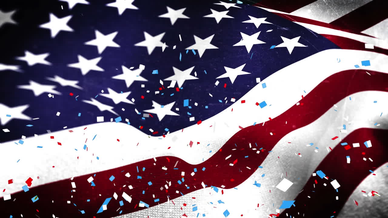 Colorful confetti falling over US flag