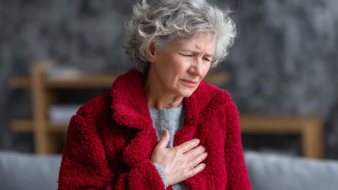 An elderly woman in a red coat experiencing discomfort in her chest while sitting in a cozy living room, highlighting her emotional and physical struggle with health