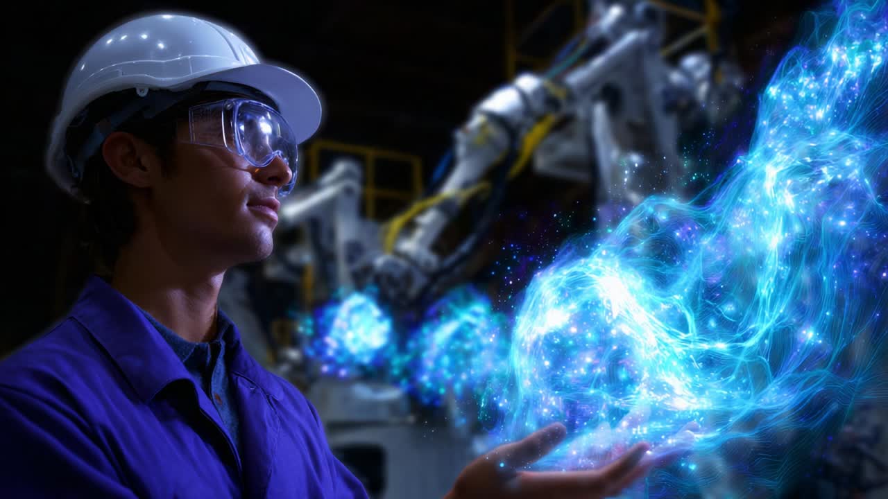 An innovative engineer integrates advanced technology with human ingenuity, showcasing the powerful synergy between robotics and creativity in a futuristic manufacturing environment