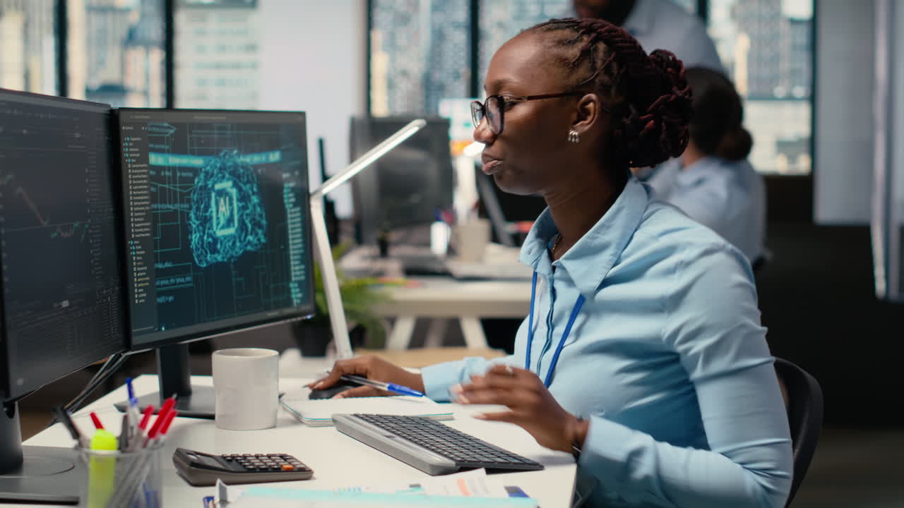 Trader in office leverages AI technology on PC to interpret analytics charts