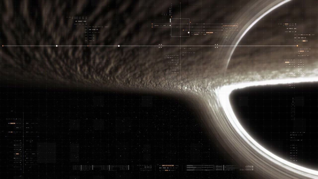 Buco nero supermassiccio, orizzonte degli eventi, disco di accrescimento dorato, lente gravitazionale, spazio-tempo distorto, plasma vorticoso, stelle dello spazio profondo, cosmo cinematografico, concetto di astrofisica, HUD