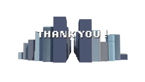 animation of thank you text in white letters over cityscape on white background