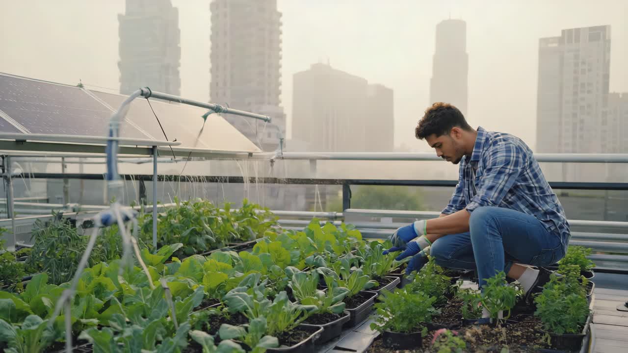 Man Gardening on Rooftop Farm with City View