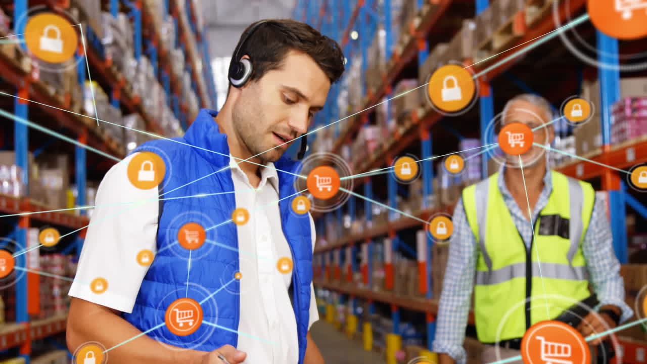 animación de una red de iconos digitales contra dos supervisores caucásicos discutiendo en el almacén.