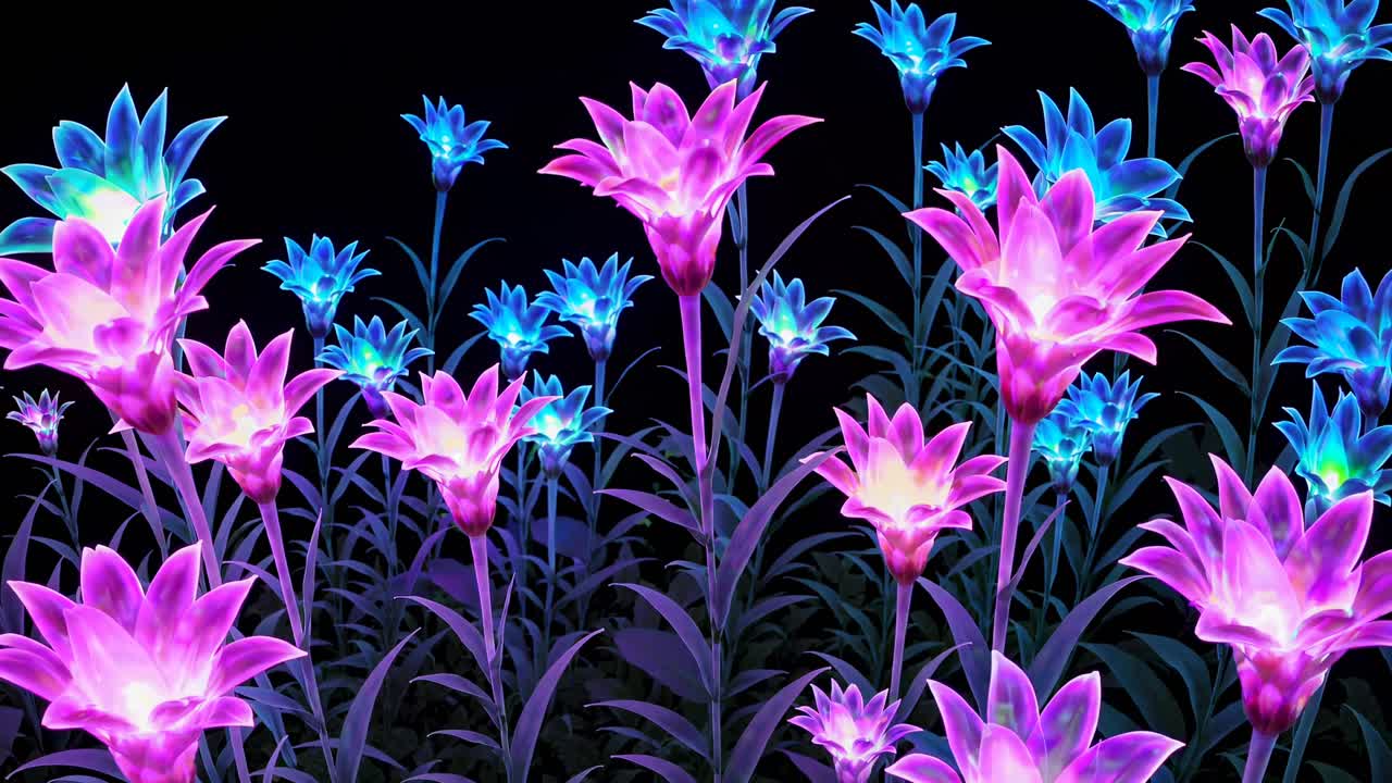 A vibrant video still of glowing neon flowers shot from a low angle against a dark background