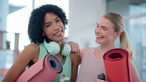 Yoga,-friends-and-happy-women-face-in-a-home