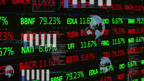 animation of globes, multiple graphs and database over trading board against black background