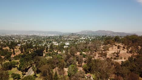 Forest-trees-on-hill-and-american-housing-area-in-Silver-Lake-near-downtown-Sunny-day-in-Suburb-of-LA,-USA