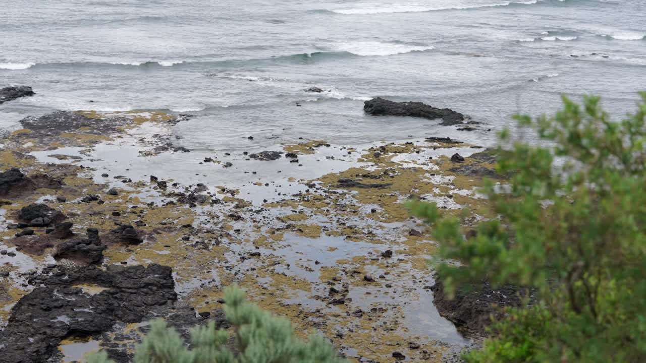 Waves crashing against a rocky shoreline, with water splashing and foam rising, showcasing the power of the ocean.