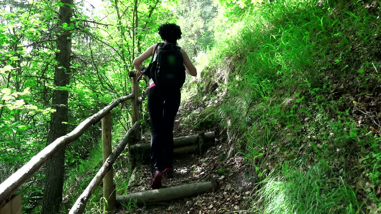 열대우림 정글에서 산책하는 여성. 배을 들고 산책하는 젊은 여성 산책자의 뒷면. 활발한 생활 방식