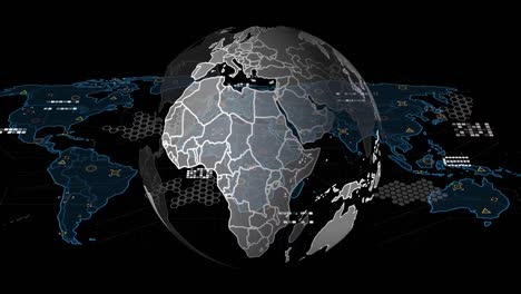 Animation-of-data-processing-with-world-map-and-globe-on-black-background