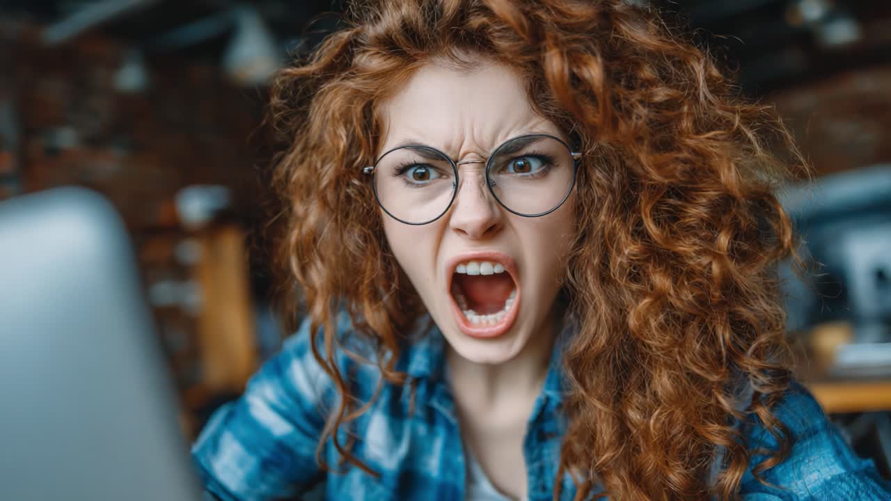 Frustrated Young Woman Expressing Anger and Discontent While Working on a Laptop, Showcasing Emotion in a Home Office Environment