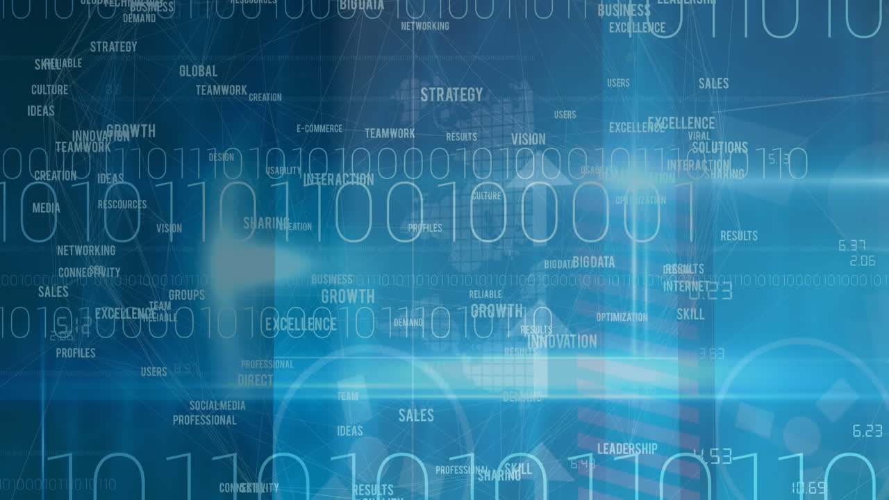 Animation of binary coding over arrows pointing up on blue background