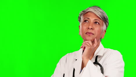 Green screen, doctor or senior woman thinking