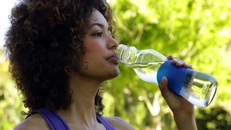 smiling fit brunette taking a drink of water