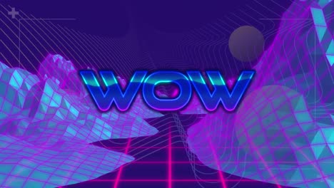 animation of wow text over metaverse on purple background