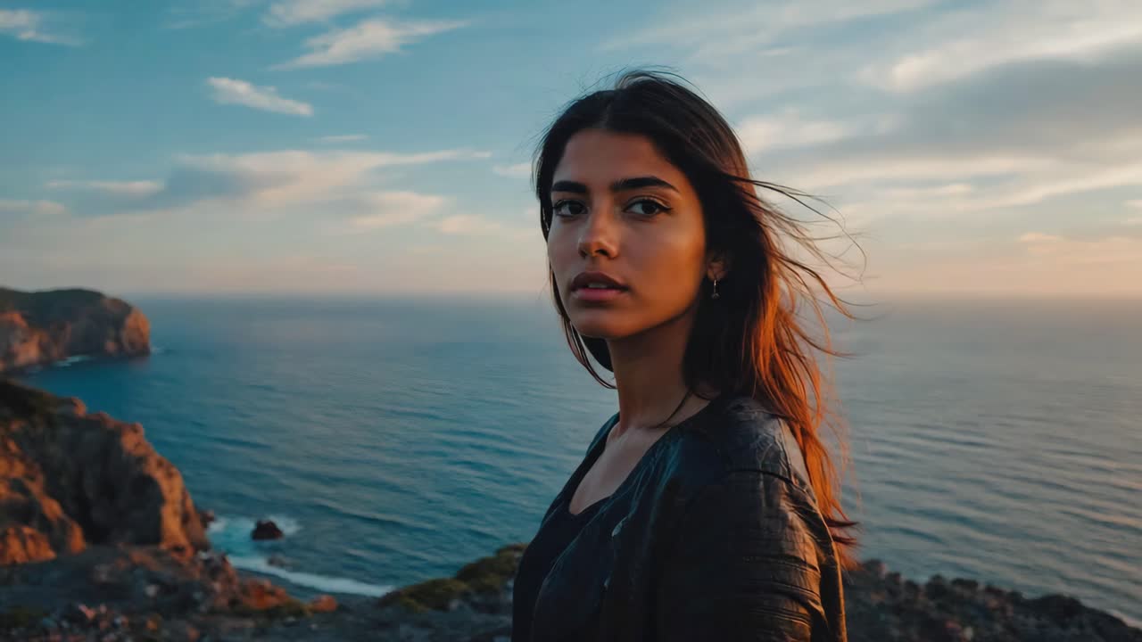 Portrait of a woman on a cliff overlooking the ocean at sunset