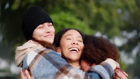 happy, nature and girl friends hugging