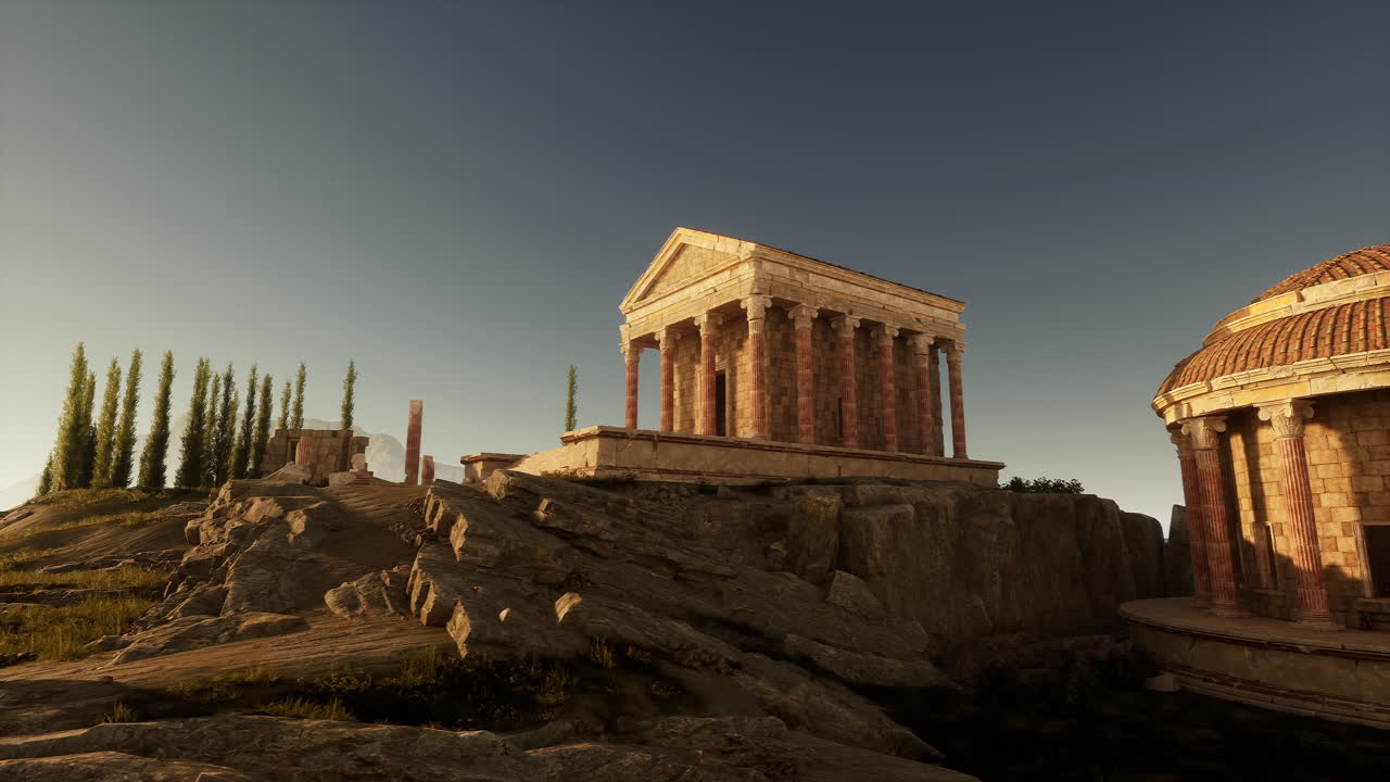 Ruins of an ancient roman temple atop a rocky hill at sunset