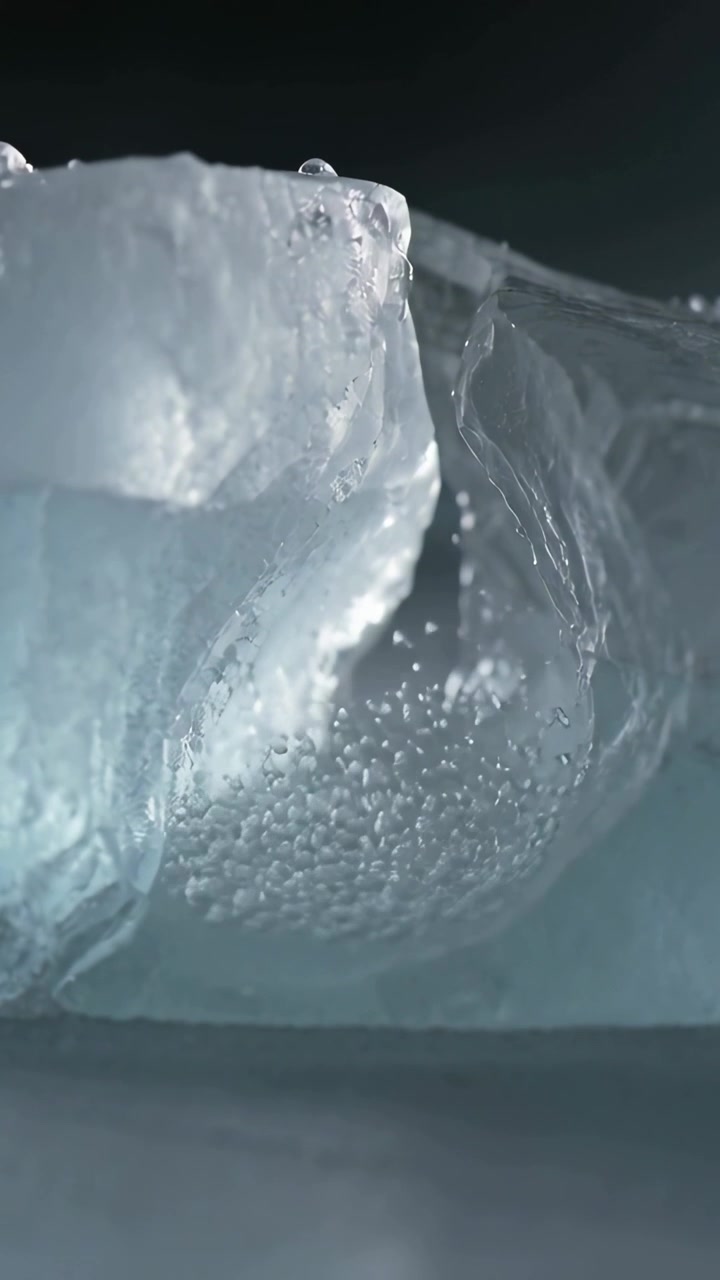 Video verticale: ghiaccio che si scioglie per il calore formando una sottile bolla d'aria su un tavolo grigio