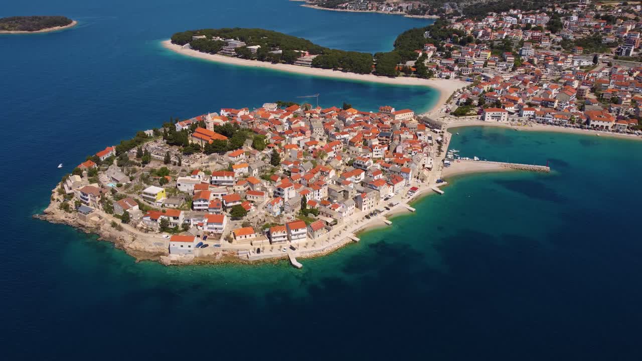4K aerial arc shot of the village of Primo&scaron;ten, Croatia