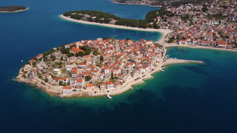 4k aerial arc shot of the village of primošten, croatia