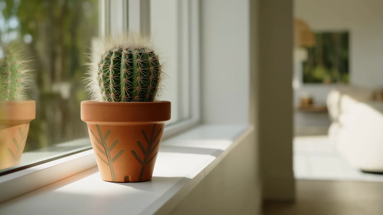Cactus On Sunlit Windowsill Terracotta Pot Evokes Cozy Minimalist Still Life In Modern Living Room With Soft