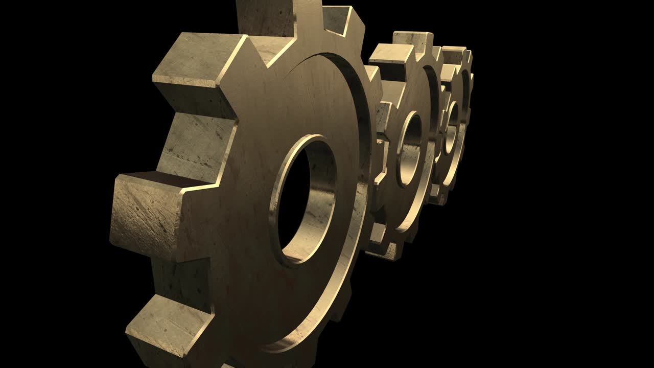 금색 기어를 가진 메커니즘은 회전합니다. 검은 바탕. 알파 채널.