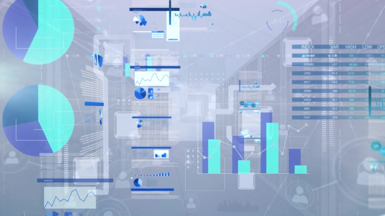 Animation of financial data, graphs and integrated circuit over servers