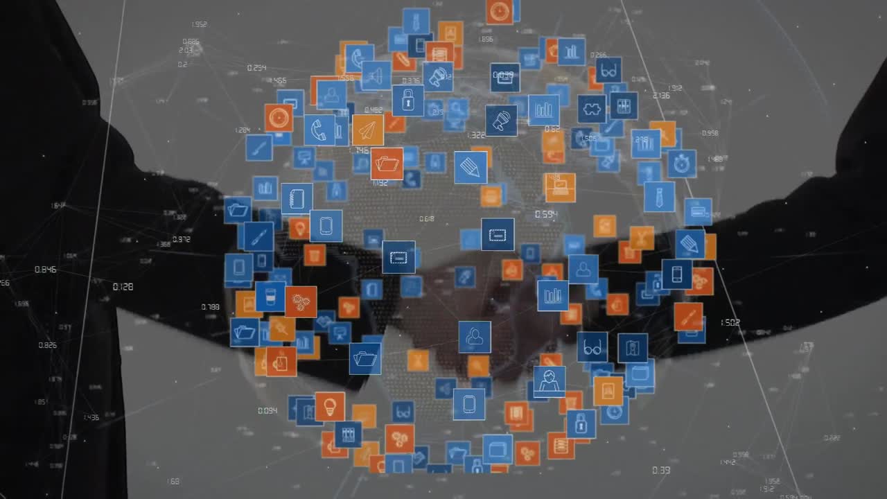 animación de una red de conexiones con iconos sobre personas que se dan la mano