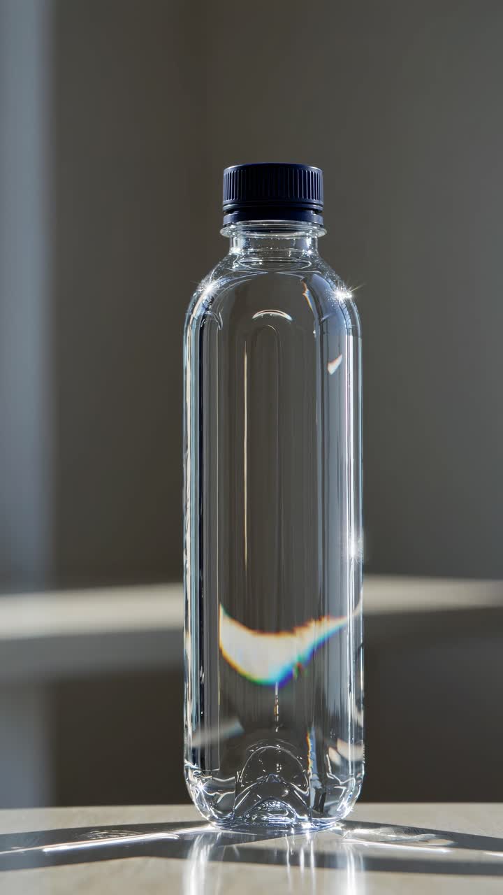 Close-up video of a clear plastic water bottle with a black cap, captured at eye level