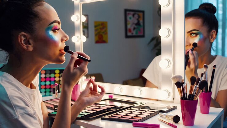 Frau trägt buntes Make-up auf