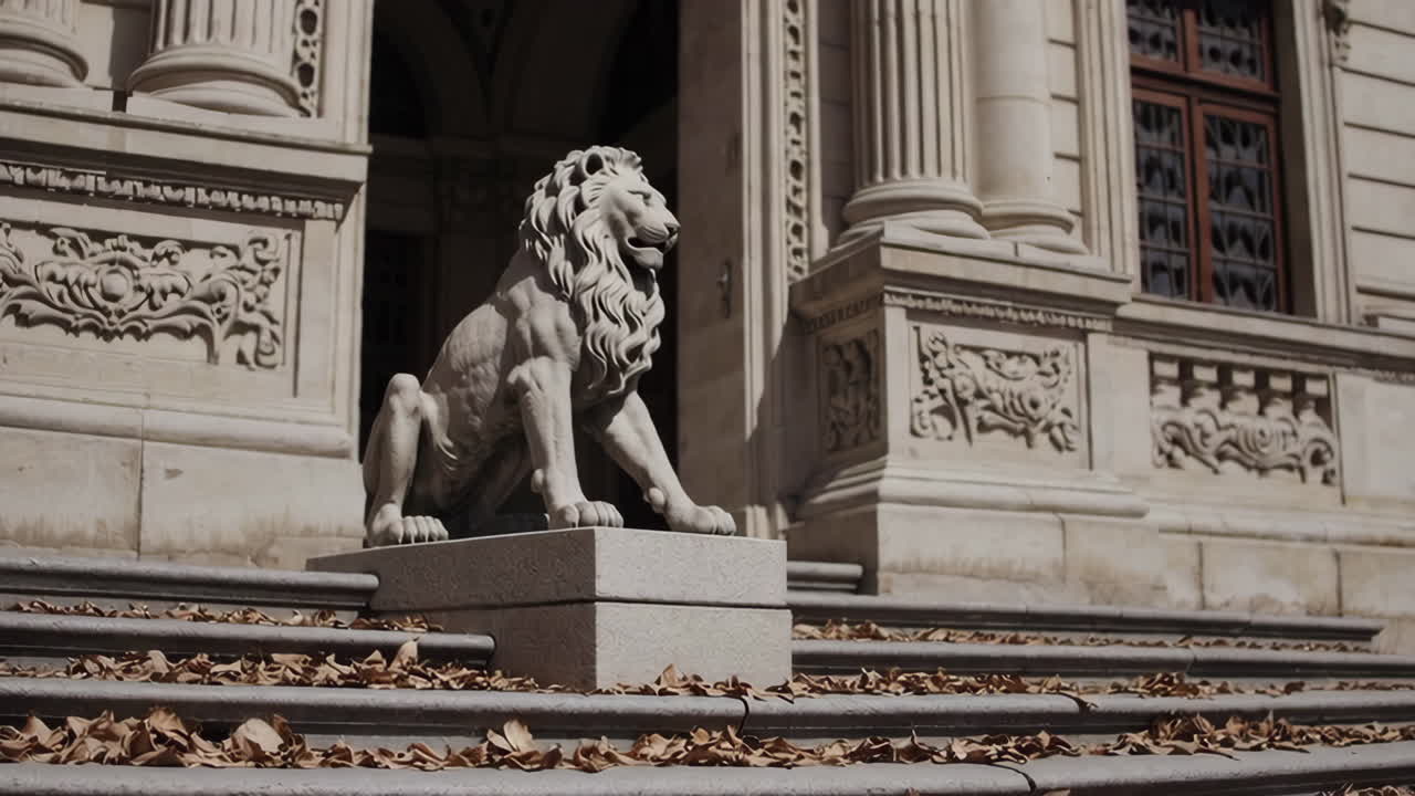 Lion Statue at the Entrance of an Ornate Building