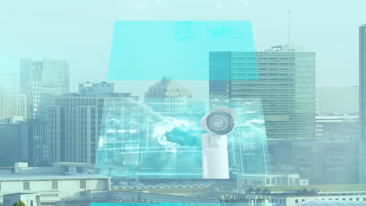 도시 풍경의 공중 전망에 대한 데이터 처리와 함께 여러 화면의 애니메이션