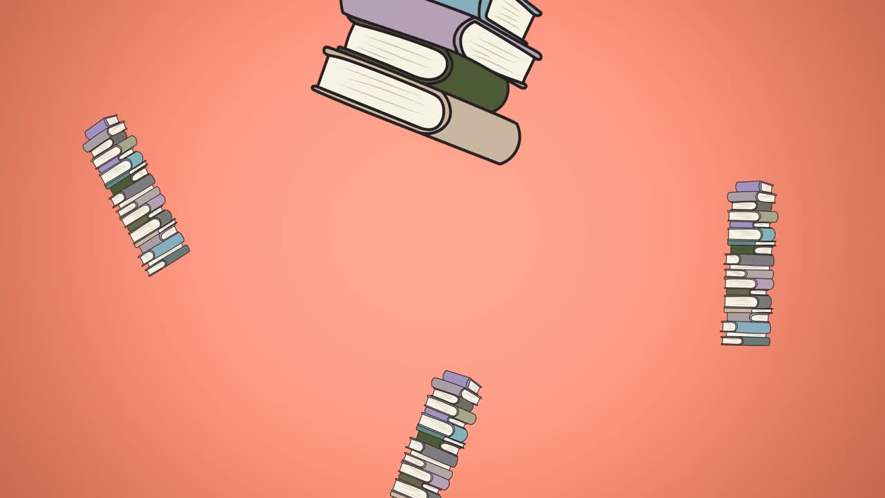 Digital animation of multiple stack of books icons against orange background