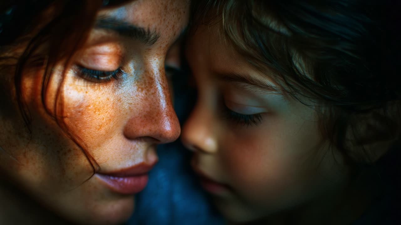 A tender moment captured between a mother and child, showcasing intimacy and love through their gentle expressions and close proximity, highlighted by beautiful natural light and shadows