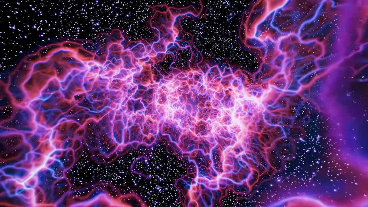 Dynamic video of a cosmic energy vortex with vibrant pink and purple hues, captured from a central