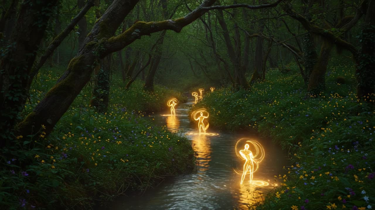 Enchanted Glow: Ethereal Figures Dance and Shine Along the Serene Riverbank in a Lush, Mystical Forest Setting, Illuminating the Natural Beauty Around Them