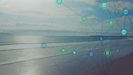 network of connections and data processing animation over beach landscape